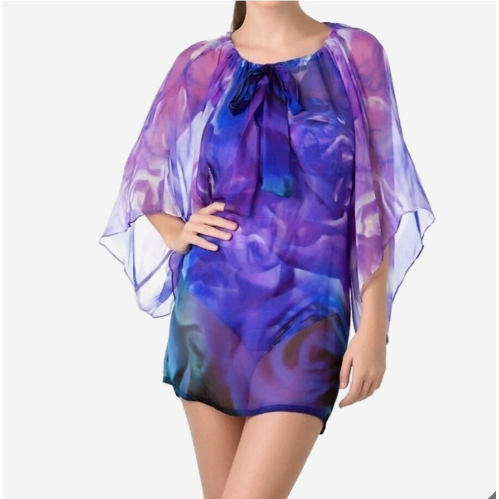 Gottex 100% Silk Tunic Blouse Women M Purple Floral Kimono Sleeve Sheer Cover Up